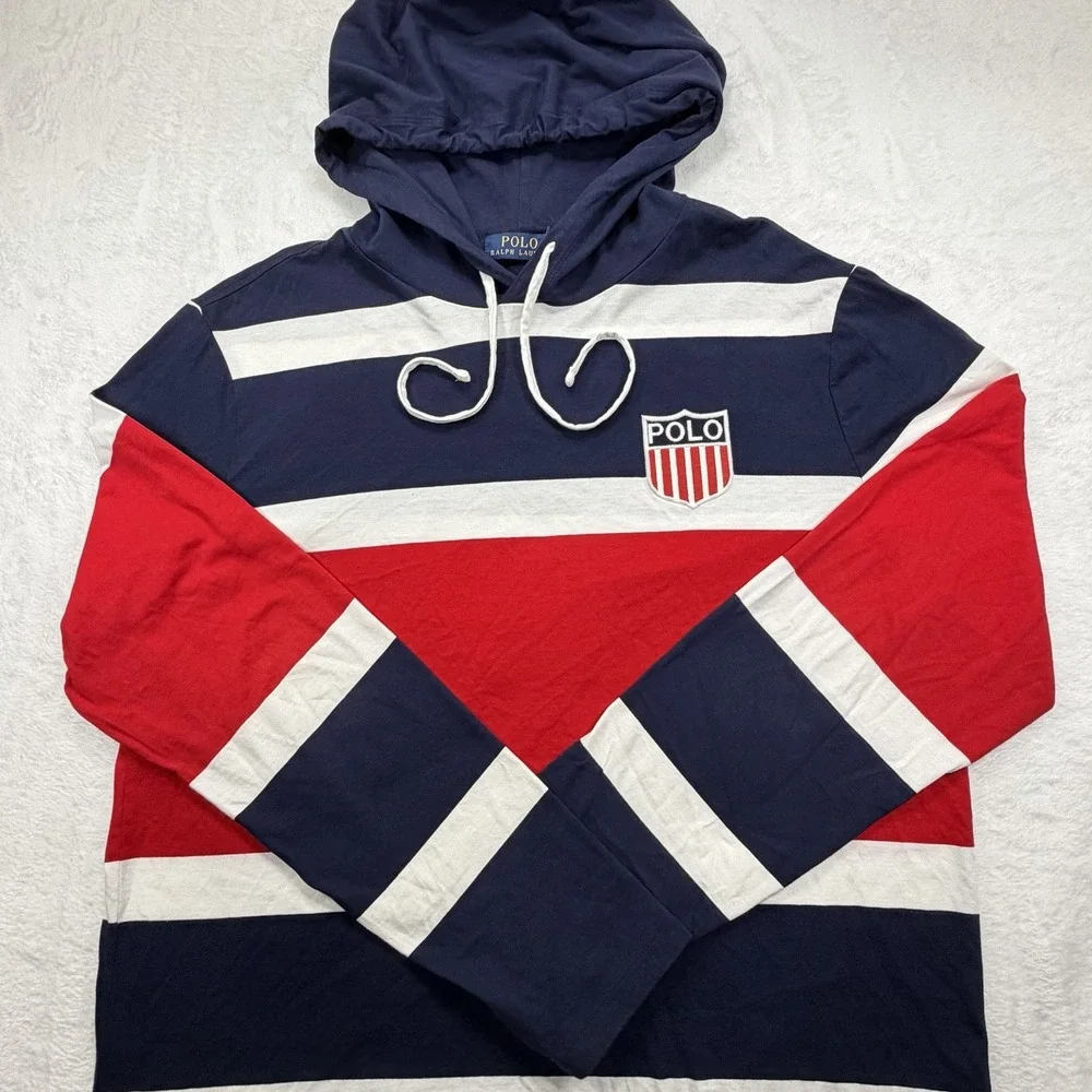 Polo Ralph Lauren Hoodie Mens Large Red Navy Blue USA Logo Lightweight Rugby